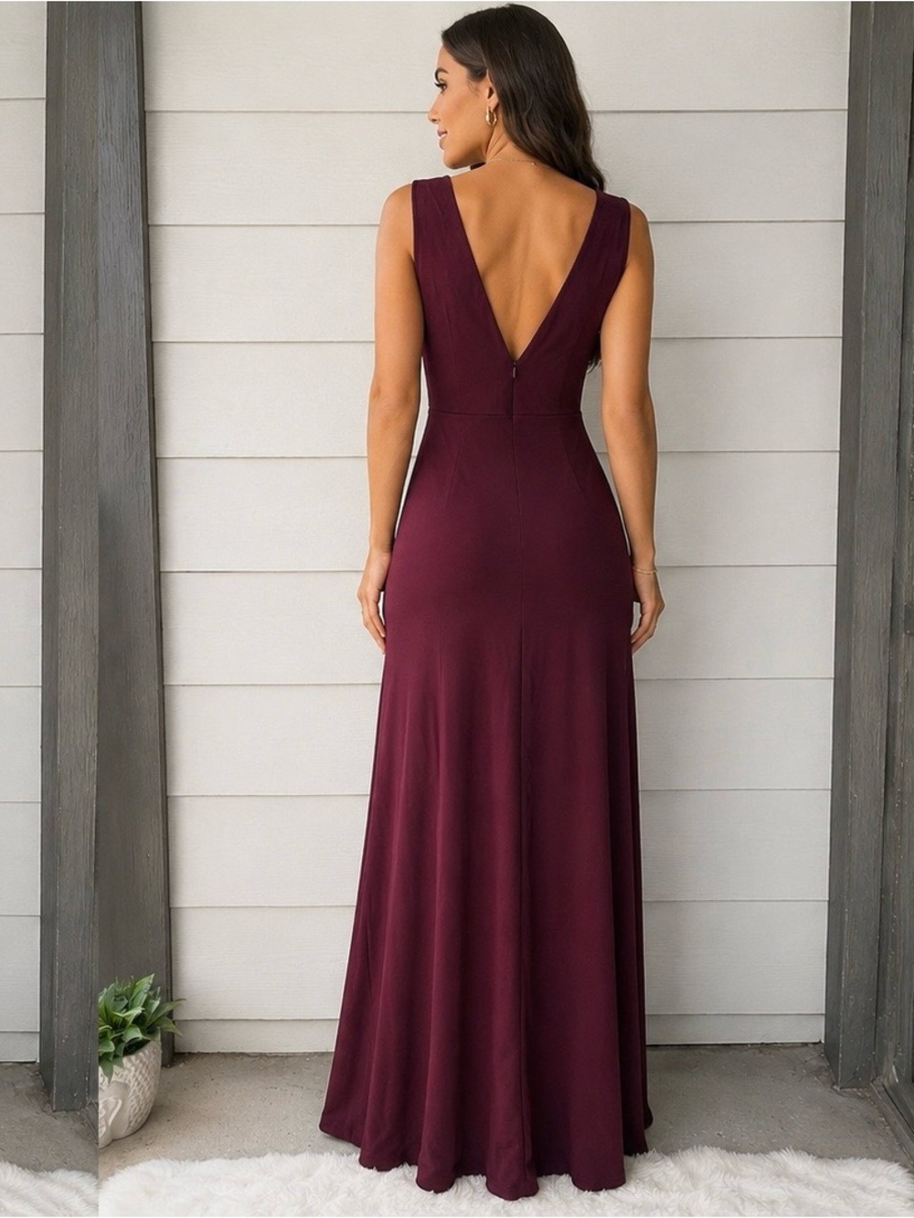 Birdy Grey Burgundy V-Neck Sleeveless Prom Gown with Side Slit - Picture 9 of 11